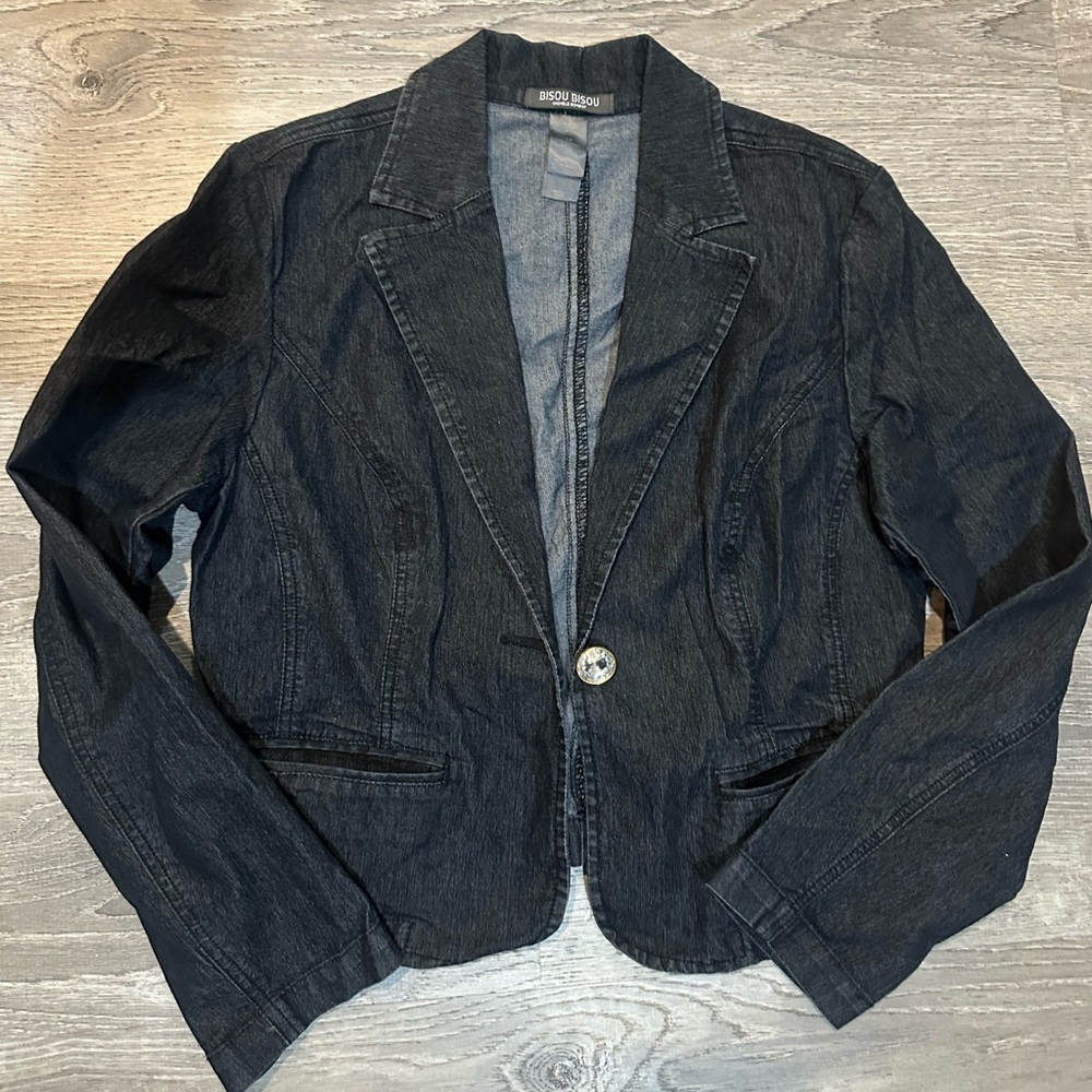 Bisou Bisou Dark Denim Cropped Blazer Jacket Women Size M Button Front Fitted